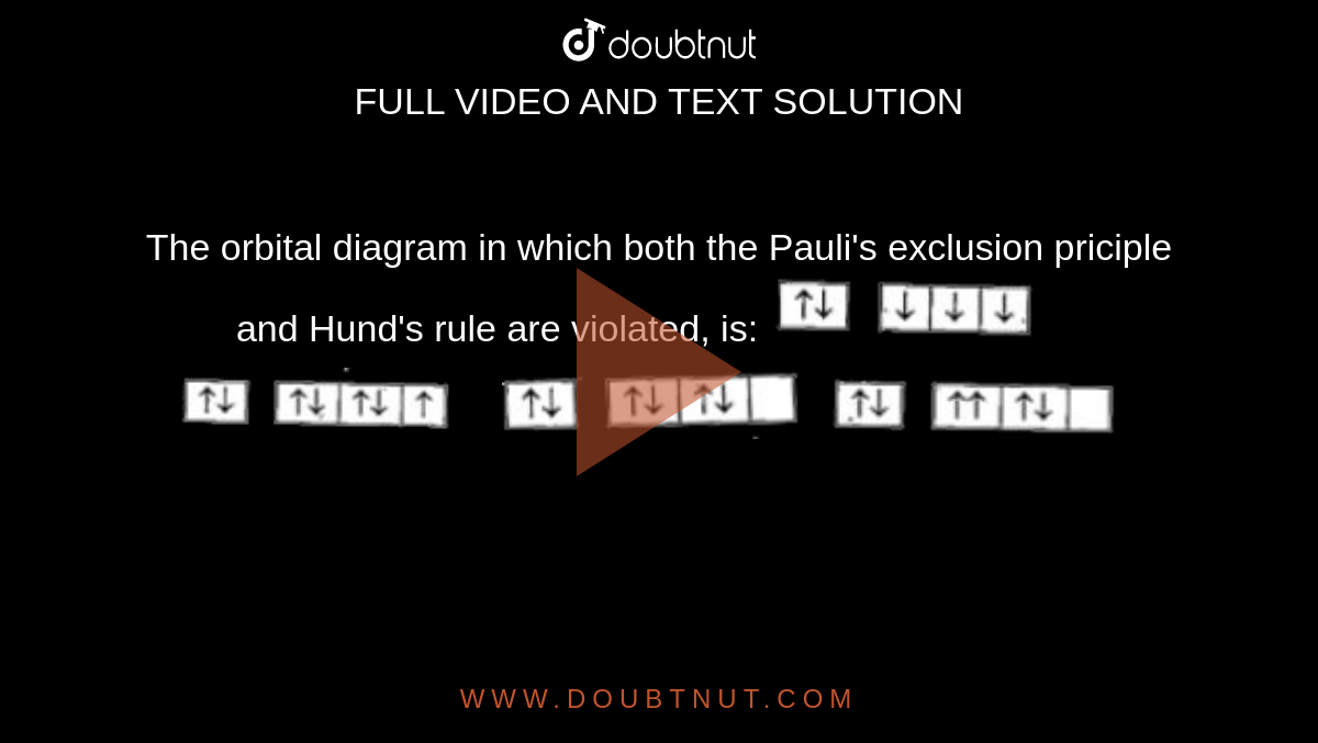 The orbital diagram in which both the Pauli's exclusion priciple and Hund's rule are violated, is:  <img src="https://doubtnut-static.s.llnwi.net/static/physics_images/BRL_JEE_MN_ADV_CHE_XI_V01_C02_E02_048_O01.png" width="30%">
<img src="https://doubtnut-static.s.llnwi.net/static/physics_images/BRL_JEE_MN_ADV_CHE_XI_V01_C02_E02_048_O02.png" width="30%">
<img src="https://doubtnut-static.s.llnwi.net/static/physics_images/BRL_JEE_MN_ADV_CHE_XI_V01_C02_E02_048_O03.png" width="30%">
<img src="https://doubtnut-static.s.llnwi.net/static/physics_images/BRL_JEE_MN_ADV_CHE_XI_V01_C02_E02_048_O04.png" width="30%">