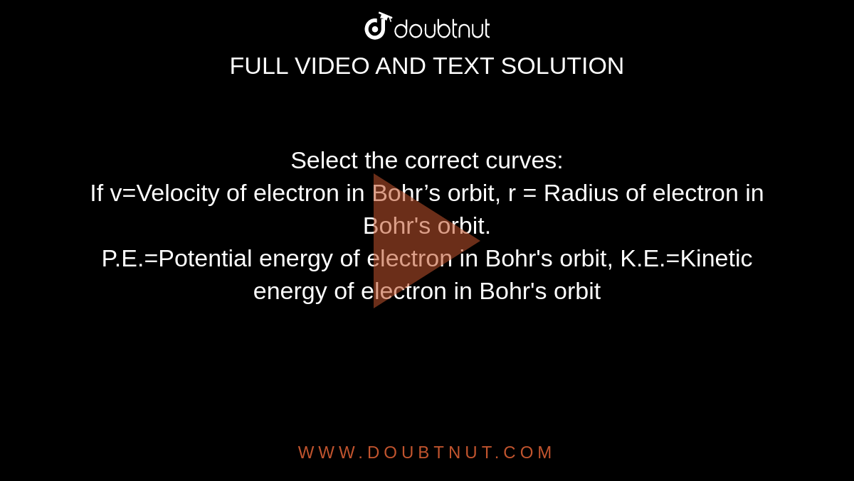 Select the correct curves: <br> If v=Velocity of electron in Bohr’s orbit, r = Radius of electron in Bohr's orbit. <br> P.E.=Potential energy of electron in Bohr's orbit, K.E.=Kinetic energy of electron in Bohr's orbit 