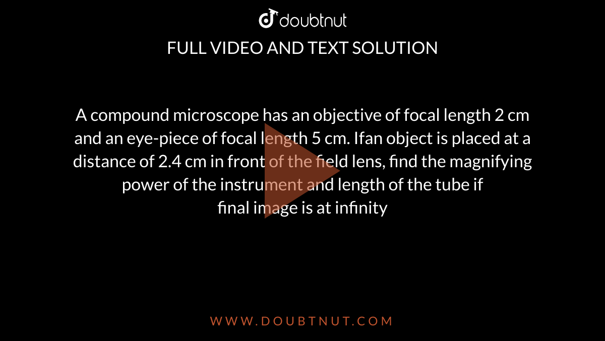 A compound microscope has an objective of focal length 2 cm and an eye