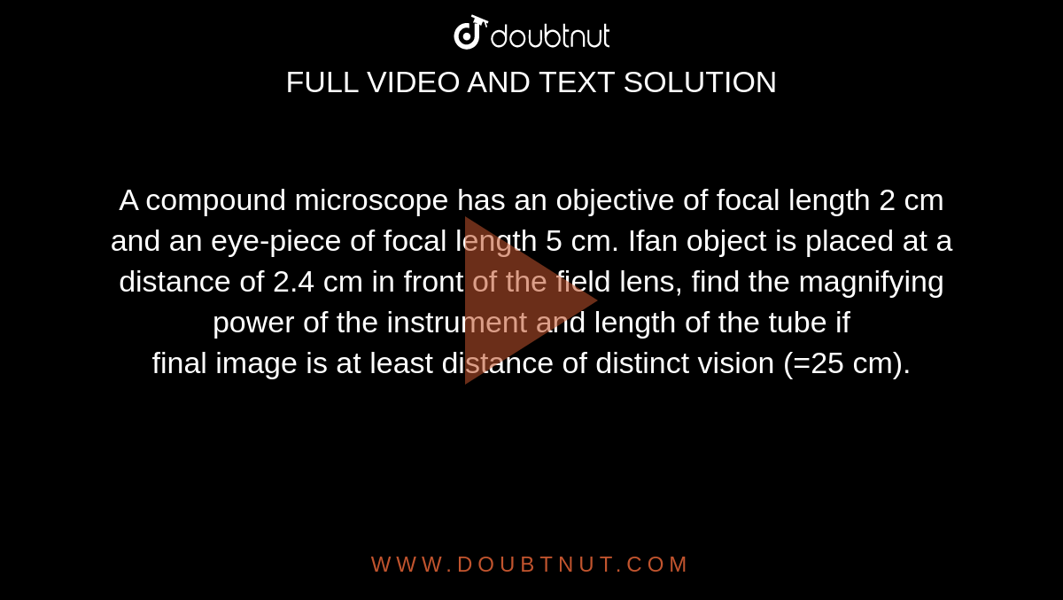 A compound microscope has an objective of focal length 2 cm and an eye