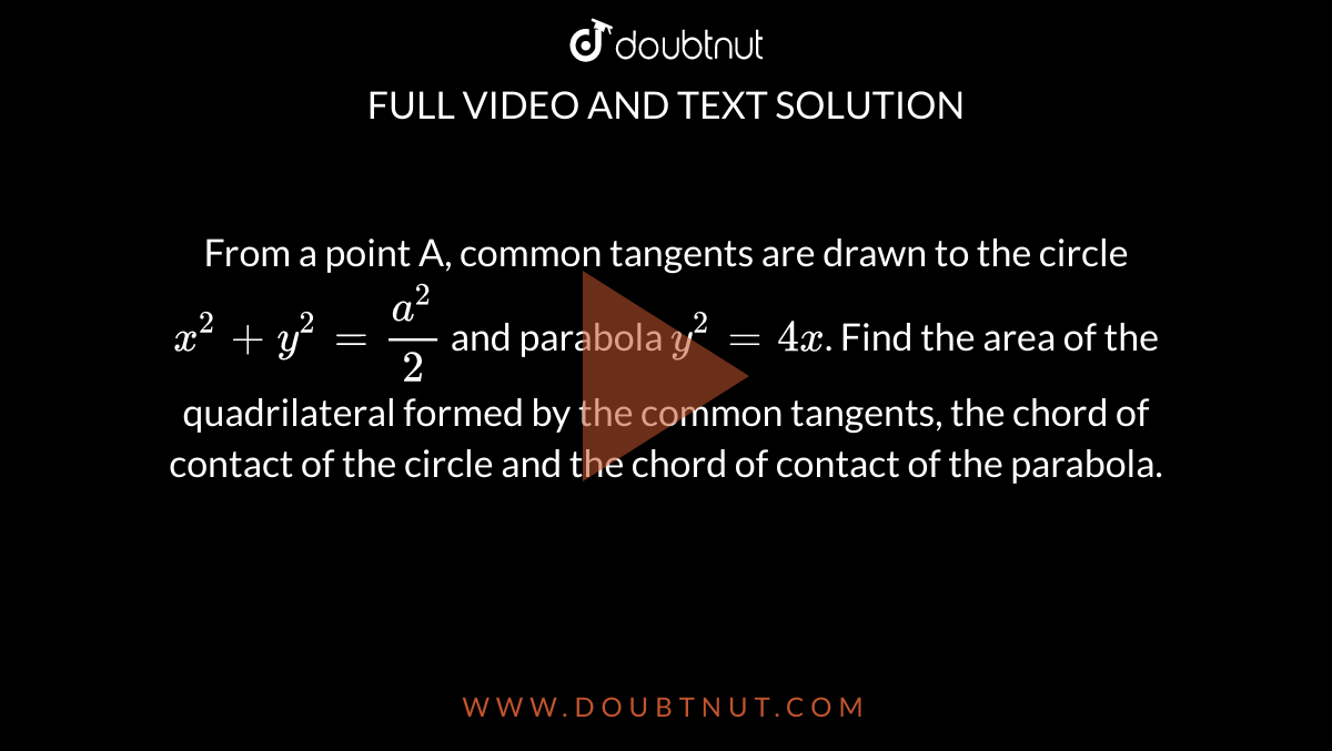 From a point A, common tangents are drawn to the circle `x^2+y^2=a^2/2` and parabola `y^2= 4x`. Find the area of the quadrilateral formed by the common tangents, the chord of contact of the circle and the chord of contact of the parabola.