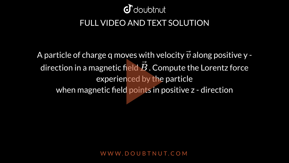 A particle of charge q moves with velocity `vec(v)` along positive y - direction in a magnetic field `vec(B)` . Compute the Lorentz force experienced by the particle <br> when magnetic field points in positive z - direction 