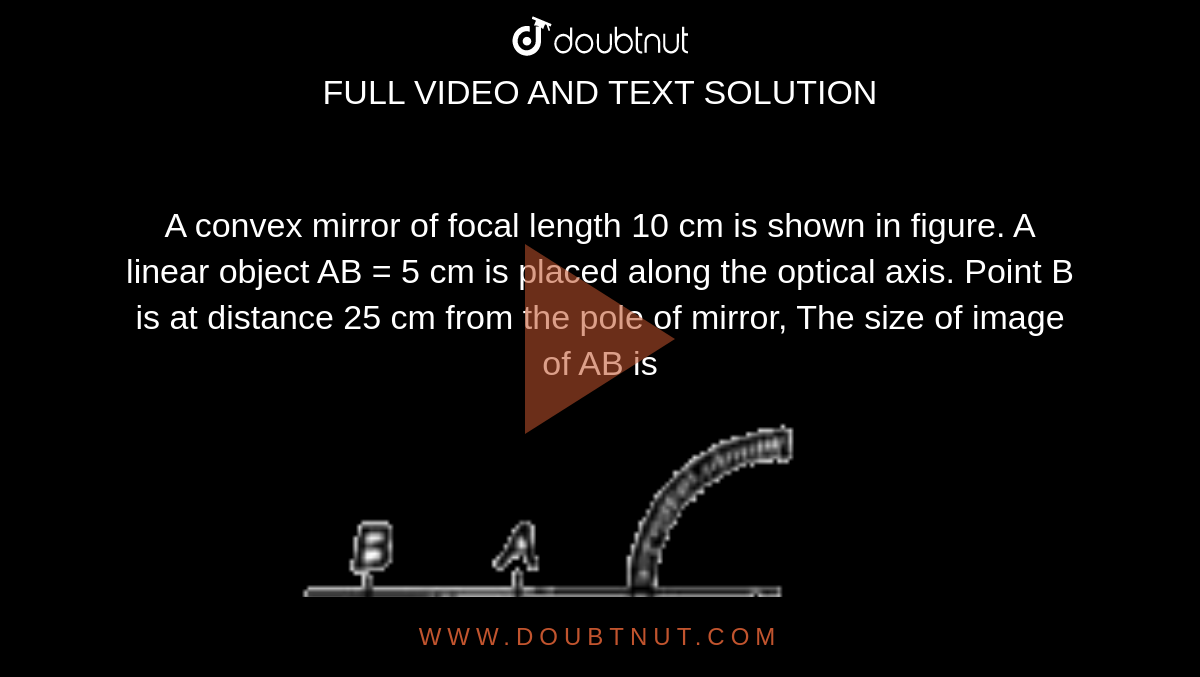 A convex mirror of focal length 10 cm is shown in figure. A linear object AB = 5 cm is placed
