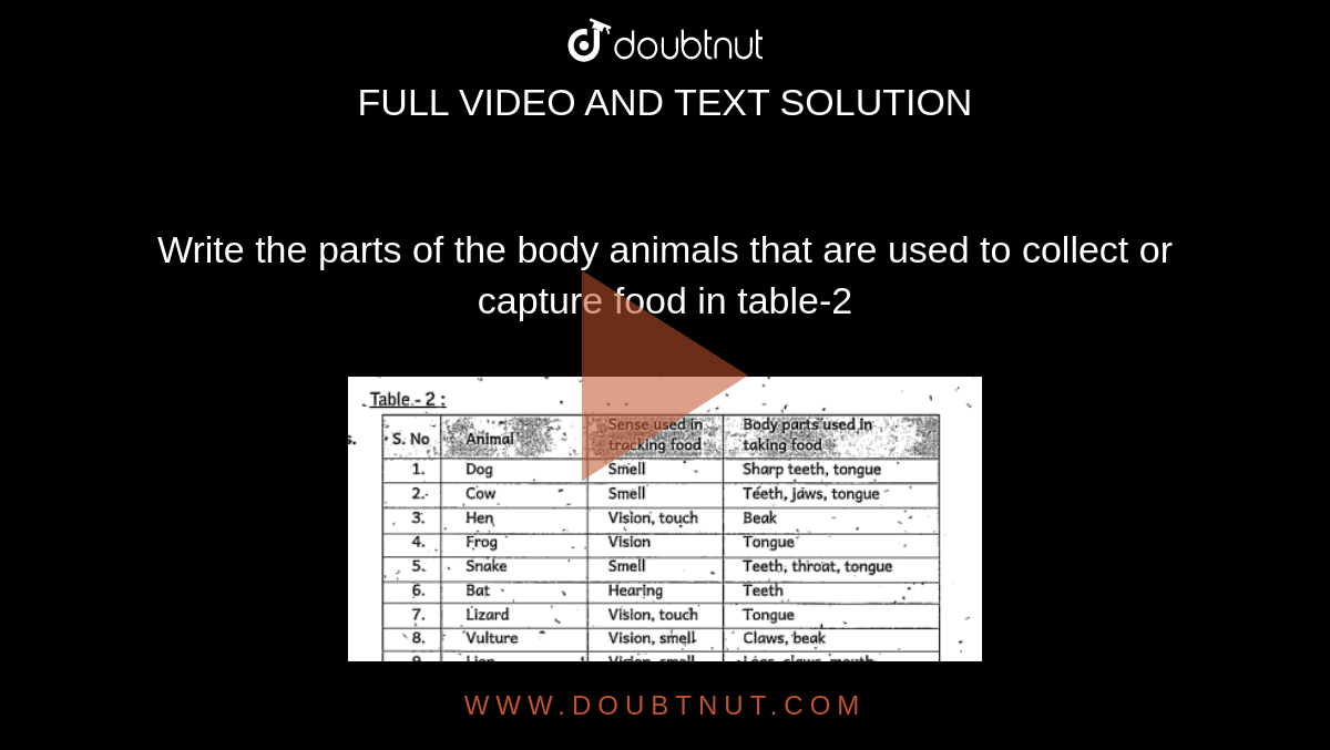 Write the parts of the body animals that are used to collect or capture  food in table-2 Name some animals which use similar parts in taking food?