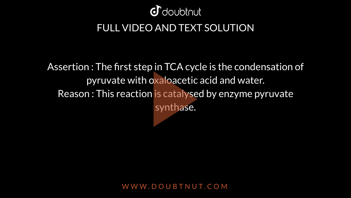 Assertion : The first step in TCA cycle is the condensation of pyruvate with oxaloacetic acid and water. <br> Reason : This reaction is catalysed by enzyme pyruvate synthase. 