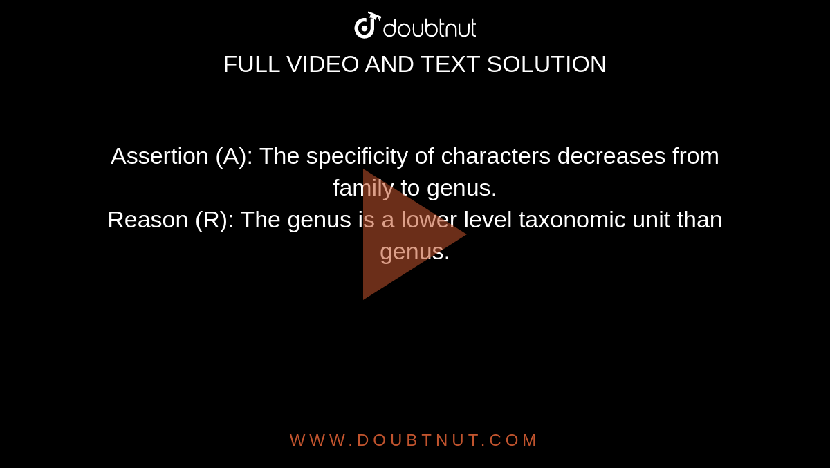 Assertion (A): The specificity of characters decreases from family to genus. <br> Reason (R): The genus is a lower level taxonomic unit than genus.