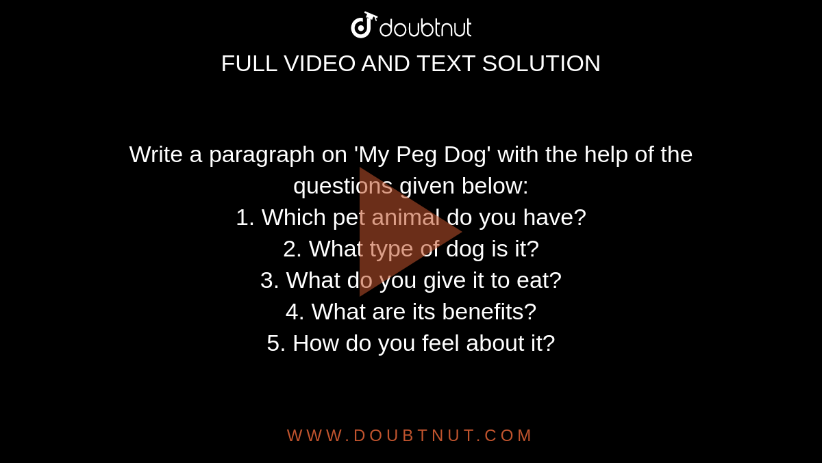 Write a paragraph on 'My Peg Dog' with the help of the questions given  below: 1. Which pet animal do you have? 2. What type of dog is it? 3. What  do