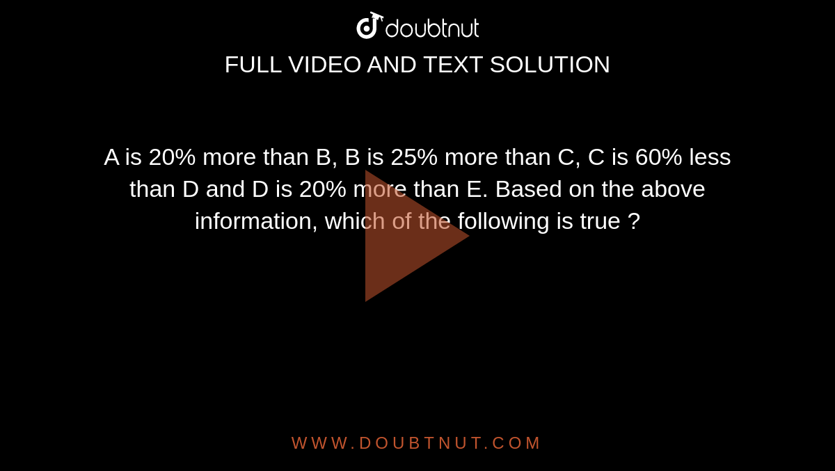 A Is 20% More Than B, B Is 25% More Than C, C Is 60% Less Than D And D