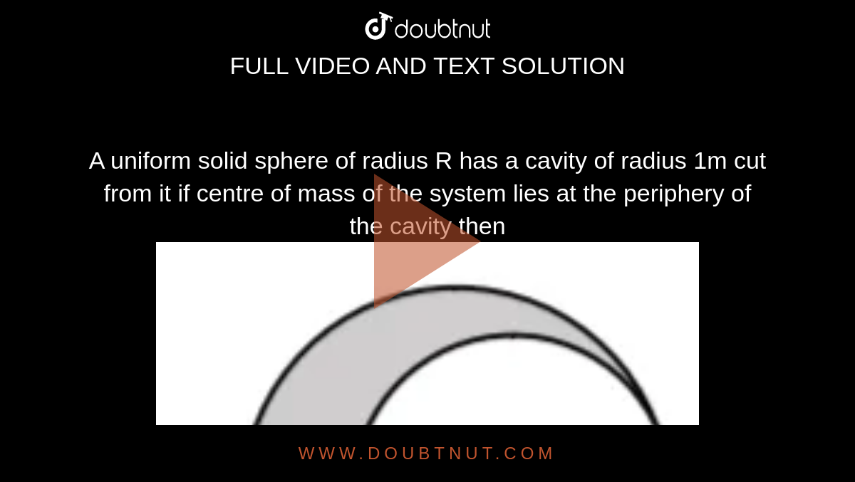 A uniform solid sphere of radius R has a cavity of radius 1m cut from it if centre of mass of the system lies at the periphery of the cavity then <img src="https://d10lpgp6xz60nq.cloudfront.net/physics_images/JM_20_M2_20200108_PHY_08_Q01.png" width="80%">