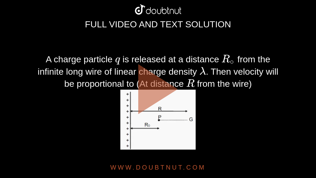 A charge particle `q` is released at a distance `R_(@)` from the infinite long wire of linear charge density `lambda`. Then velocity will be proportional to (At distance `R` from the wire) <br> <img src="https://d10lpgp6xz60nq.cloudfront.net/physics_images/JM_19_M2_20190408_PHY_09_Q01.png" width="30%">