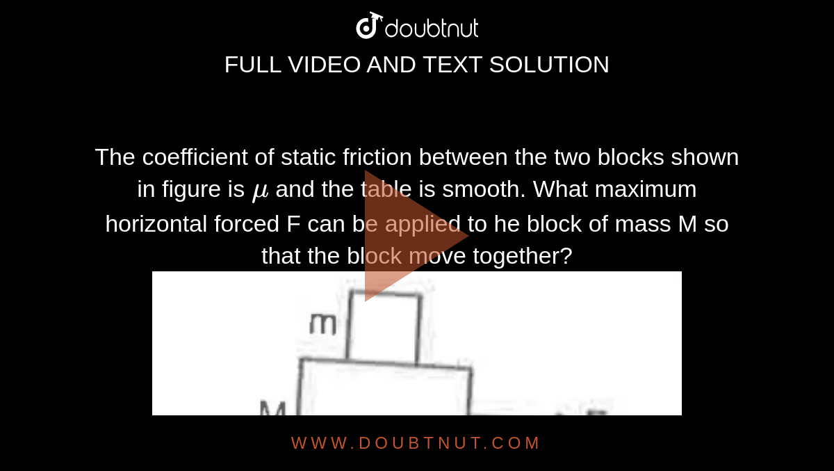 The coefficient of static friction between the two blocks shown in figure is `mu` and the table is smooth. What maximum horizontal forced F can be applied to he block of mass M so that the block move together? <br> <img src="https://d10lpgp6xz60nq.cloudfront.net/physics_images/HCV_VOL1_C06_S01_008_QS01.png" width="80%"> 